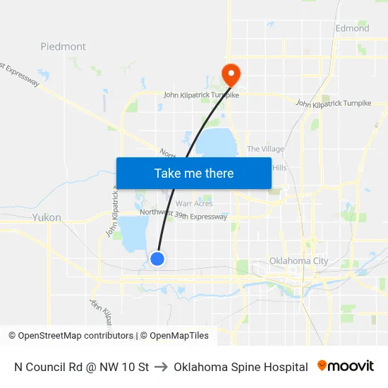 N Council Rd @ NW 10 St to Oklahoma Spine Hospital map