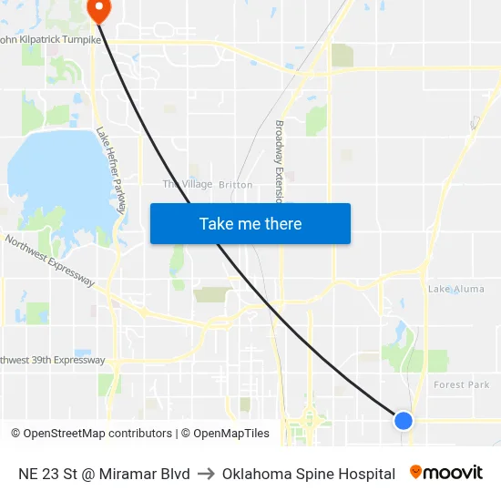 NE 23 St @ Miramar Blvd to Oklahoma Spine Hospital map