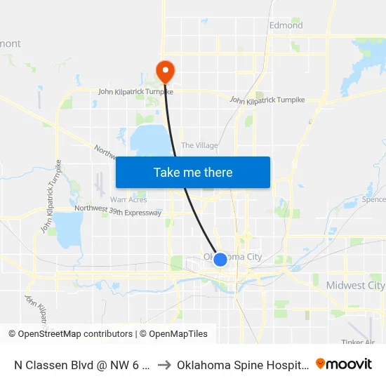 N Classen Blvd @ NW 6 St to Oklahoma Spine Hospital map
