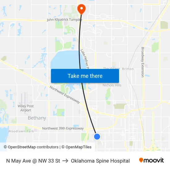 N May Ave @ NW 33 St to Oklahoma Spine Hospital map