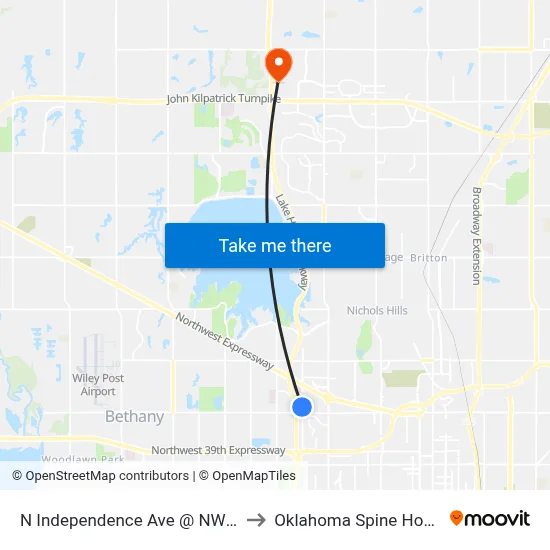 N Independence Ave @ NW 52 St to Oklahoma Spine Hospital map