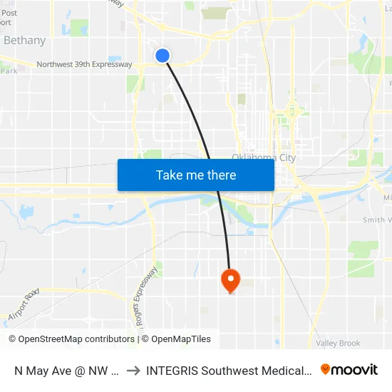 N May Ave @ NW 43 St to INTEGRIS Southwest Medical Center map