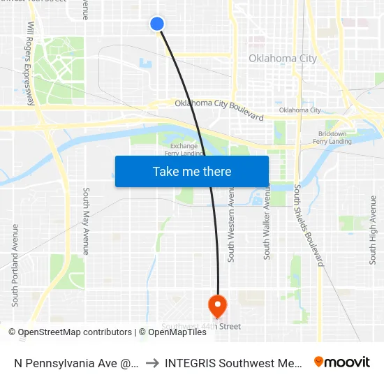 N Pennsylvania Ave @ NW 12 St to INTEGRIS Southwest Medical Center map