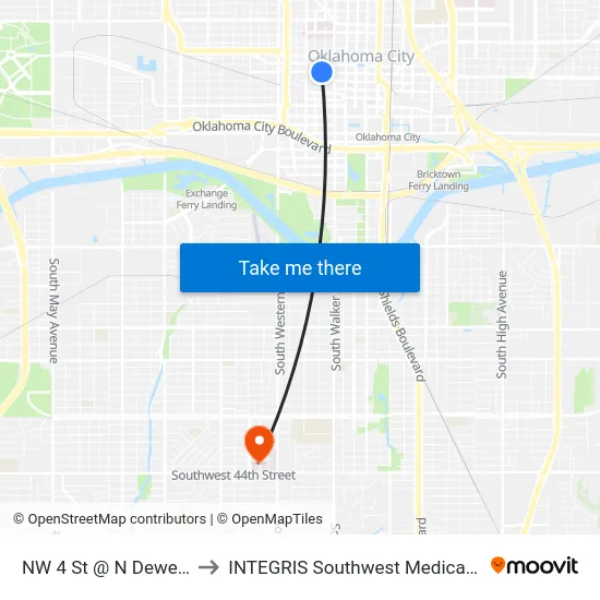 NW 4 St @ N Dewey Ave to INTEGRIS Southwest Medical Center map