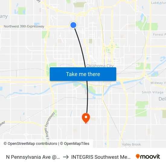 N Pennsylvania Ave @ NW 40 St to INTEGRIS Southwest Medical Center map