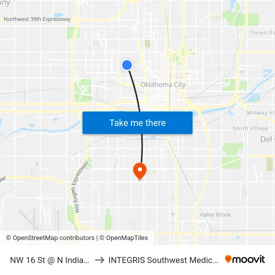 NW 16 St @ N Indiana Ave to INTEGRIS Southwest Medical Center map