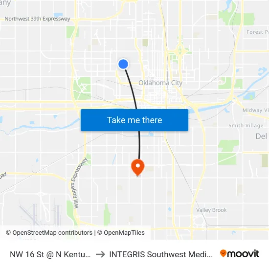 NW 16 St @ N Kentucky Ave to INTEGRIS Southwest Medical Center map