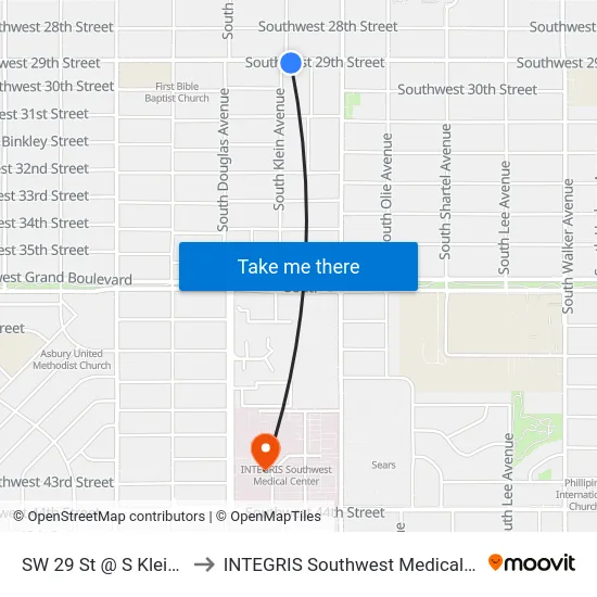 SW 29 St @ S Klein Ave to INTEGRIS Southwest Medical Center map