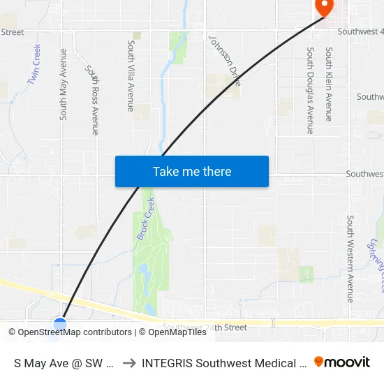 S May Ave @ SW 74 St to INTEGRIS Southwest Medical Center map