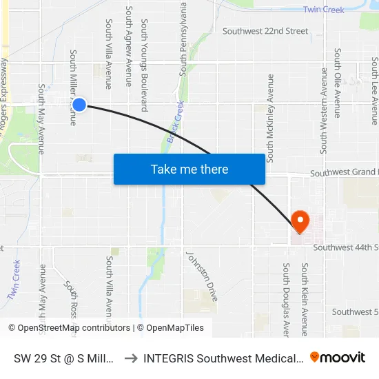 SW 29 St @ S Miller Ave to INTEGRIS Southwest Medical Center map