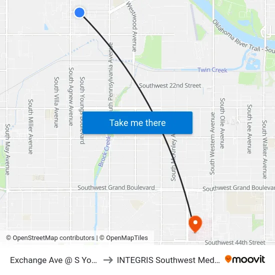 Exchange Ave @ S Youngs Blvd to INTEGRIS Southwest Medical Center map