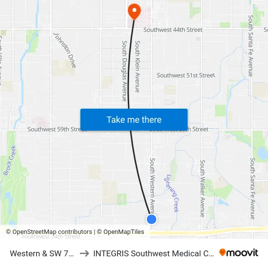 Western & SW 72 St to INTEGRIS Southwest Medical Center map