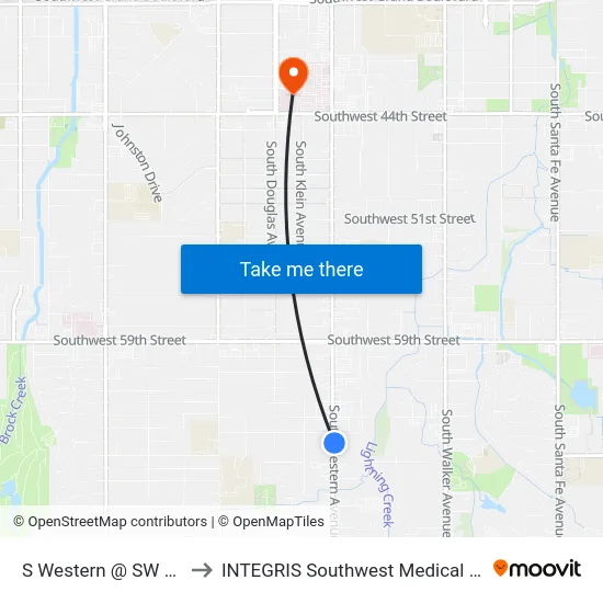 S Western @ SW 66 St to INTEGRIS Southwest Medical Center map