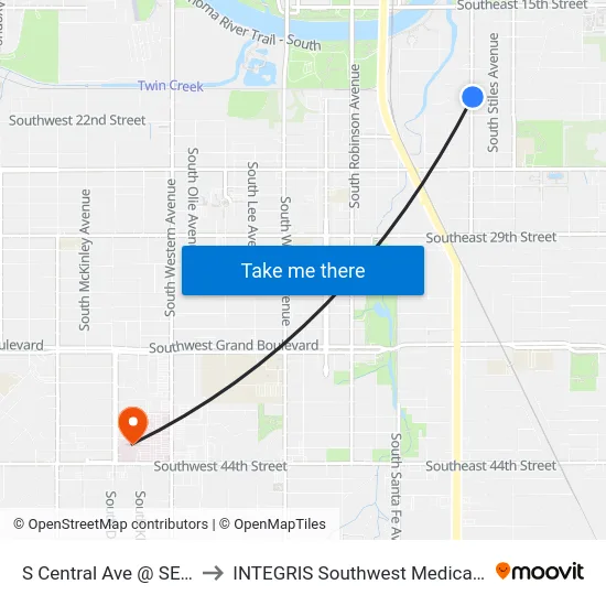 S Central Ave @ SE 21 St to INTEGRIS Southwest Medical Center map