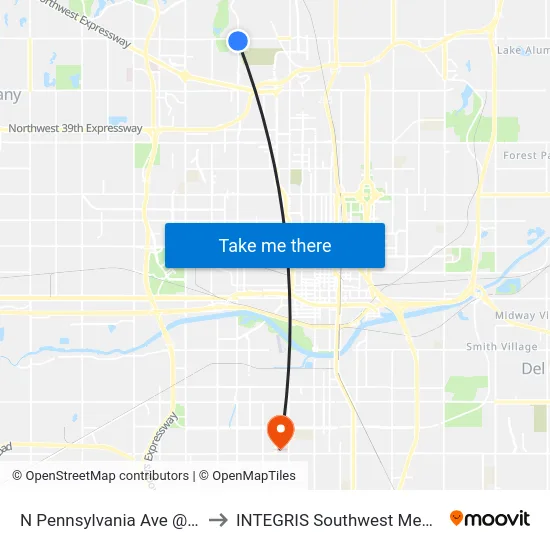 N Pennsylvania Ave @ NW 63 St to INTEGRIS Southwest Medical Center map
