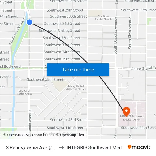 S Pennsylvania Ave @ SW 31 St to INTEGRIS Southwest Medical Center map