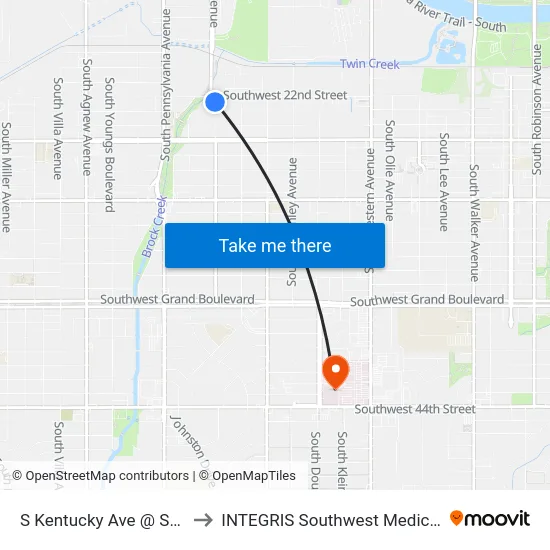 S Kentucky Ave @ SW 22 St to INTEGRIS Southwest Medical Center map