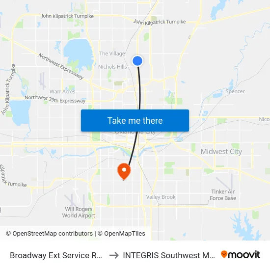 Broadway Ext Service Rd @ NW 85 St to INTEGRIS Southwest Medical Center map
