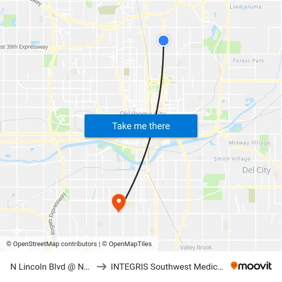 N Lincoln Blvd @ NE 42 St to INTEGRIS Southwest Medical Center map