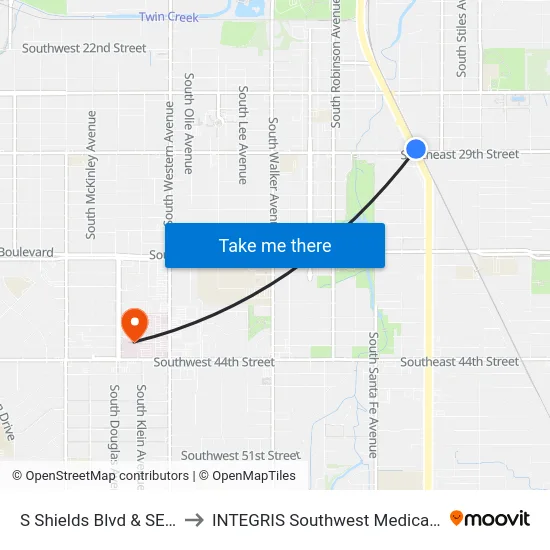 S Shields Blvd & SE 29 St to INTEGRIS Southwest Medical Center map