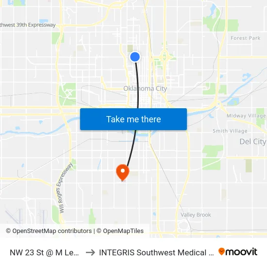 NW 23 St @ M Lee Ave to INTEGRIS Southwest Medical Center map