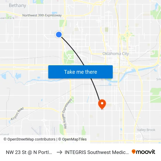 NW 23 St @ N Portland Ave to INTEGRIS Southwest Medical Center map