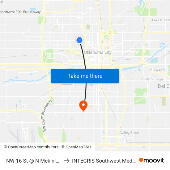 NW 16 St @ N Mckinley Ave Ob to INTEGRIS Southwest Medical Center map