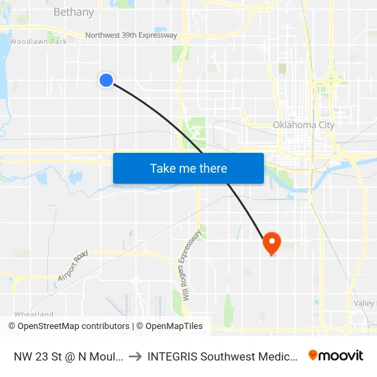 NW 23 St @ N Moulton Dr to INTEGRIS Southwest Medical Center map