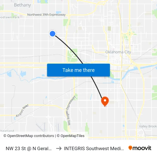 NW 23 St @ N Geraldine Ave to INTEGRIS Southwest Medical Center map