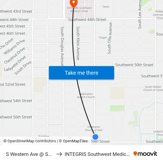 S Western Ave @ SW 59 St to INTEGRIS Southwest Medical Center map