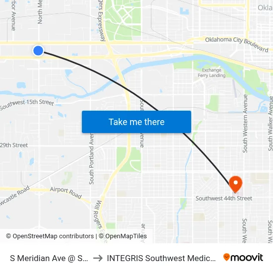 S Meridian Ave @ SW 3 St to INTEGRIS Southwest Medical Center map