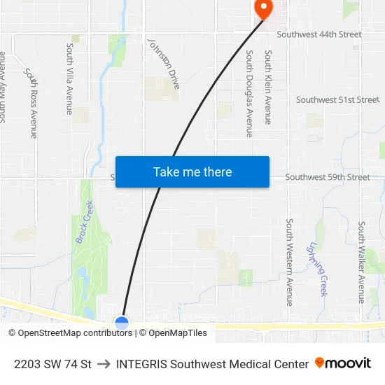 2203 SW 74 St to INTEGRIS Southwest Medical Center map