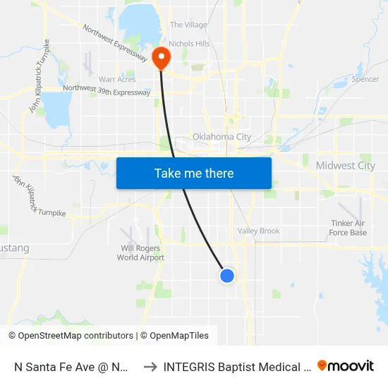 N Santa Fe Ave @ NW 32 St to INTEGRIS Baptist Medical Center map