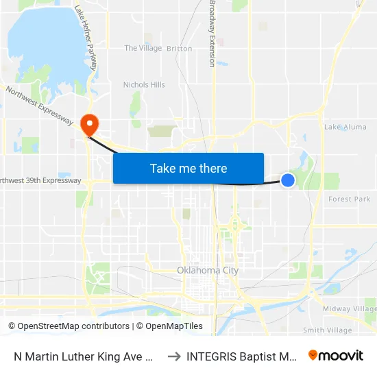 N Martin Luther King Ave @ Metro Tech Dr to INTEGRIS Baptist Medical Center map