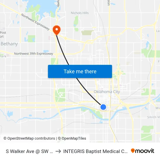 S Walker Ave @ SW 5 St to INTEGRIS Baptist Medical Center map