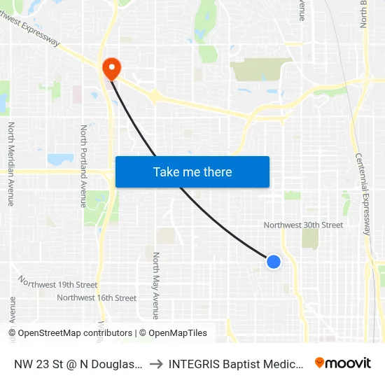 NW 23 St @ N Douglas Ave Ob to INTEGRIS Baptist Medical Center map