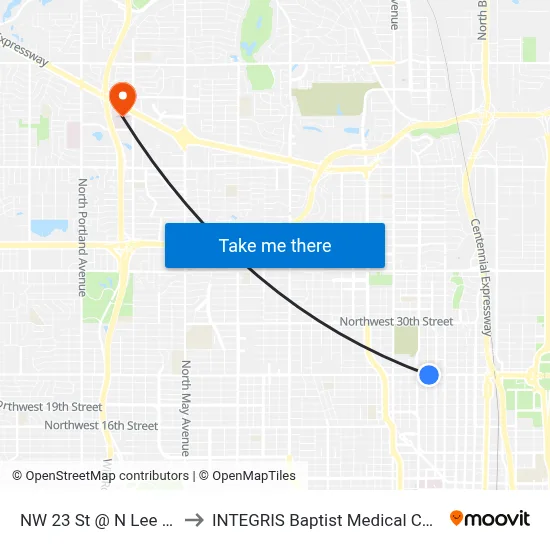 NW 23 St @ N Lee Ave to INTEGRIS Baptist Medical Center map