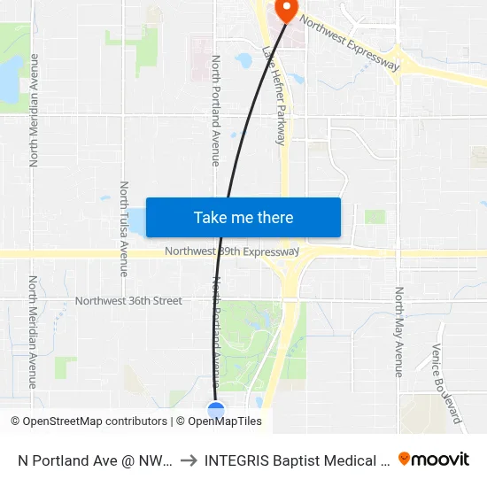 N Portland Ave @ NW 28 St to INTEGRIS Baptist Medical Center map