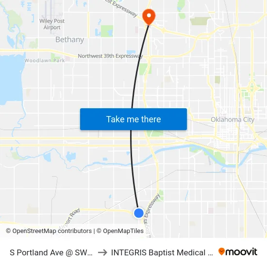 S Portland Ave @ SW 44 St to INTEGRIS Baptist Medical Center map