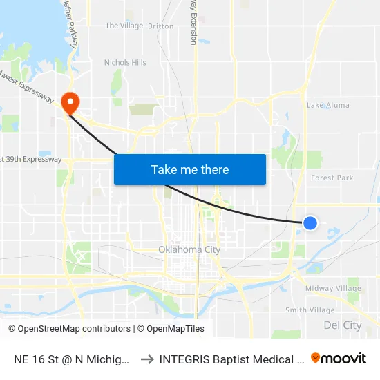NE 16 St @ N Michigan Ave to INTEGRIS Baptist Medical Center map