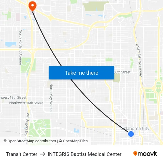 Transit Center to INTEGRIS Baptist Medical Center map