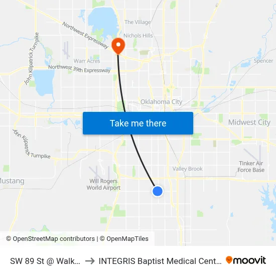 SW 89 St @ Walker to INTEGRIS Baptist Medical Center map