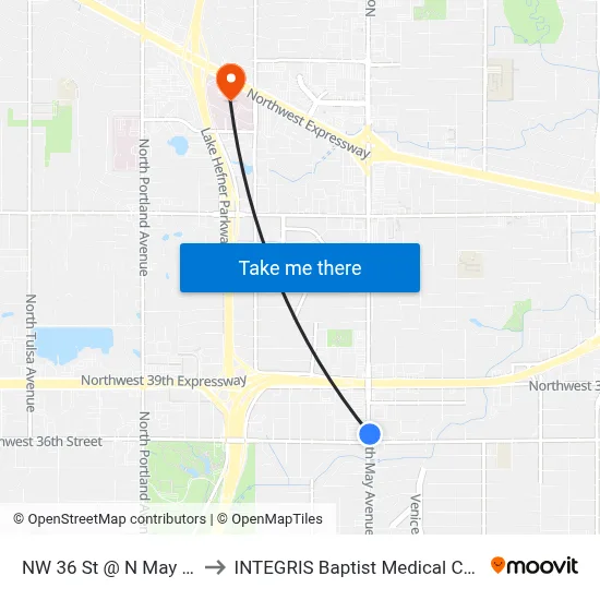 NW 36 St @ N May Ave to INTEGRIS Baptist Medical Center map
