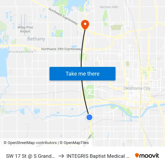 SW 17 St @ S Grand Blvd to INTEGRIS Baptist Medical Center map