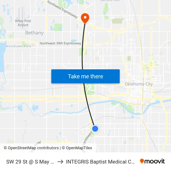 SW 29 St @ S May Ave to INTEGRIS Baptist Medical Center map