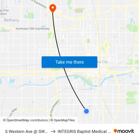 S Western Ave @ SW 44 St to INTEGRIS Baptist Medical Center map