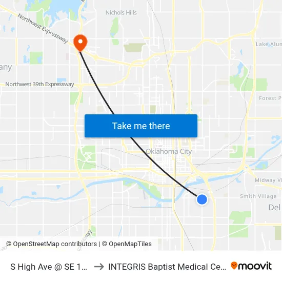 S High Ave @ SE 15 St to INTEGRIS Baptist Medical Center map