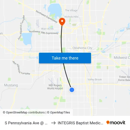 S Pennsylvania Ave @ SW 89 St to INTEGRIS Baptist Medical Center map