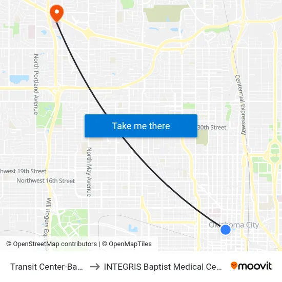 Transit Center-Bay K to INTEGRIS Baptist Medical Center map