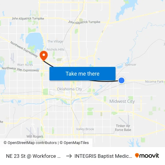 NE 23 St @ Workforce Oklahoma to INTEGRIS Baptist Medical Center map